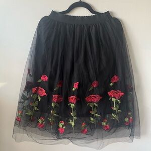 Black Knee-length Tulle Skirt w/ Floral Embroidery